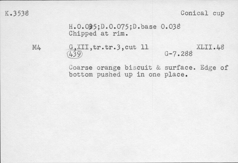 Index card with typed and handwritten information, sometimes including a sketch, of pottery from an excavation.