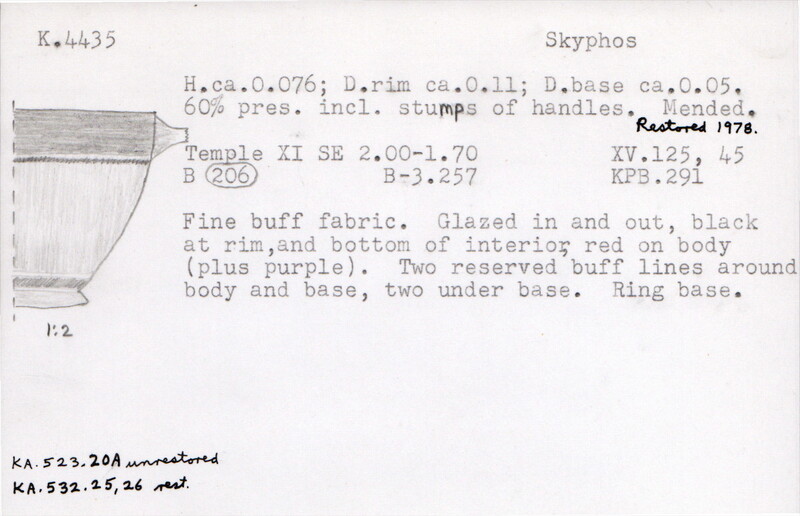 Index card with typed and handwritten information, sometimes including a sketch, of pottery from an excavation.