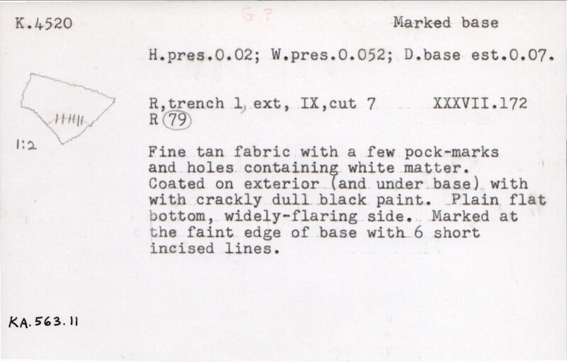 Index card with typed and handwritten information, sometimes including a sketch, of pottery from an excavation.