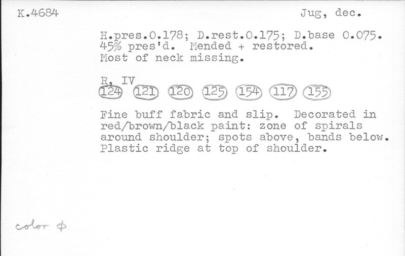 Index card with typed and handwritten information, sometimes including a sketch, of pottery from an excavation.
