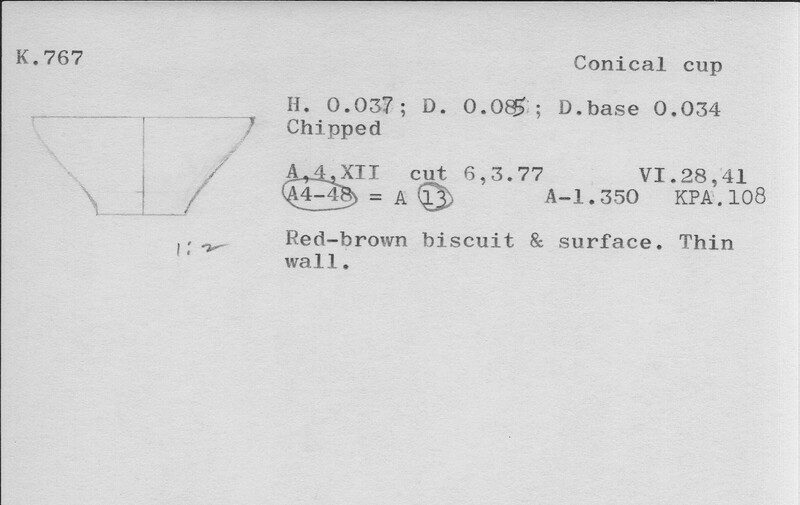 Index card with typed and handwritten information, sometimes including a sketch, of pottery from an excavation.