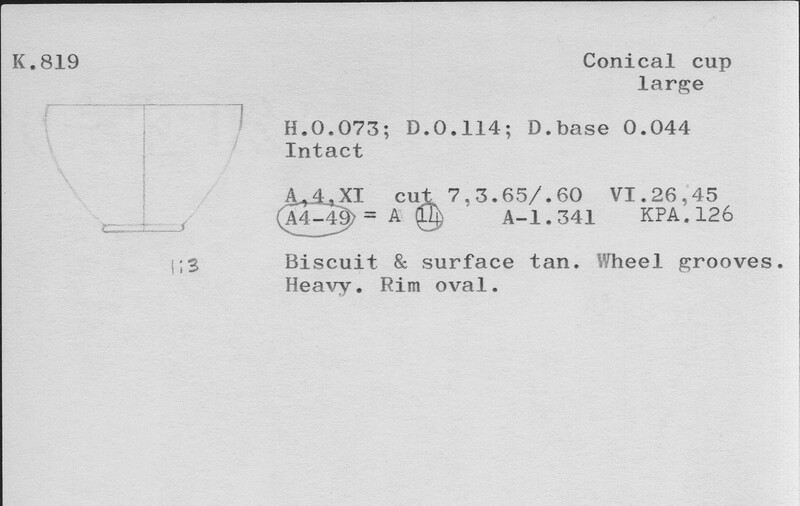 Index card with typed and handwritten information, sometimes including a sketch, of pottery from an excavation.