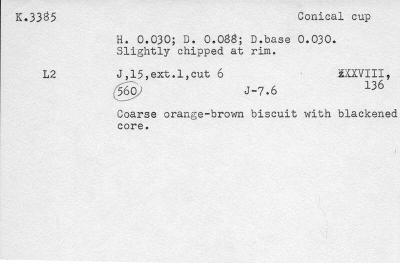 Index card with typed and handwritten information, sometimes including a sketch, of pottery from an excavation.
