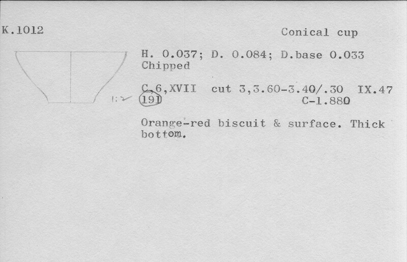 Index card with typed and handwritten information, sometimes including a sketch, of pottery from an excavation.