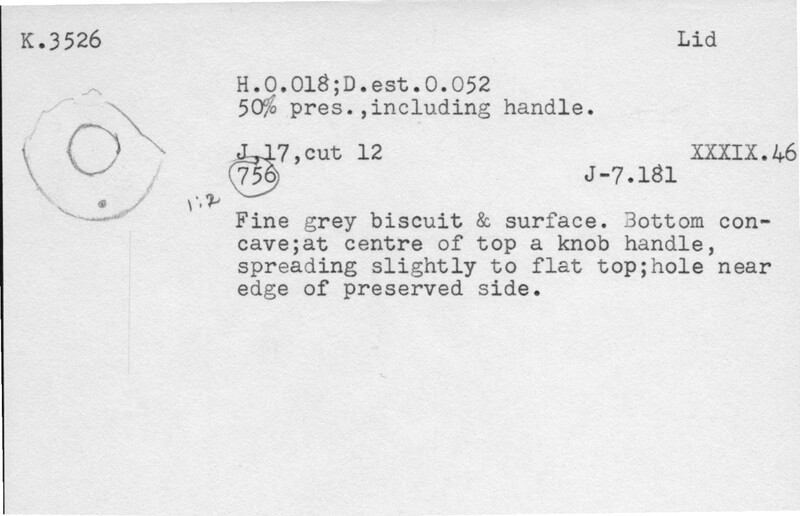 Index card with typed and handwritten information, sometimes including a sketch, of pottery from an excavation.