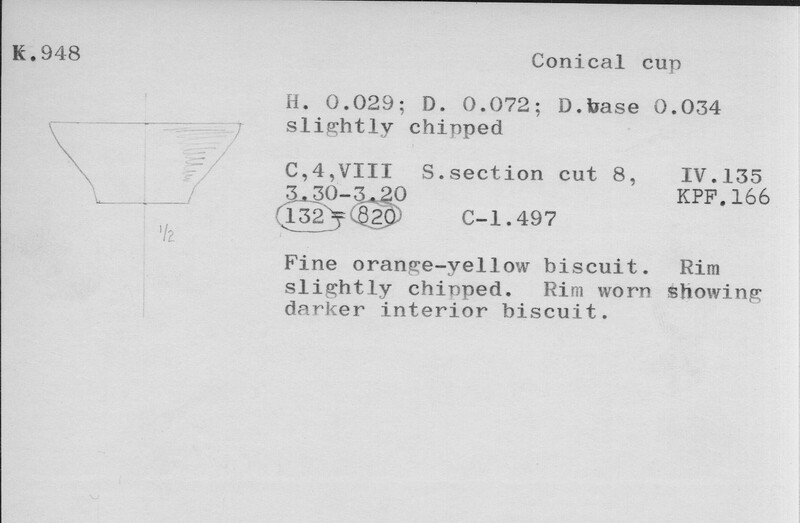 Index card with typed and handwritten information, sometimes including a sketch, of pottery from an excavation.