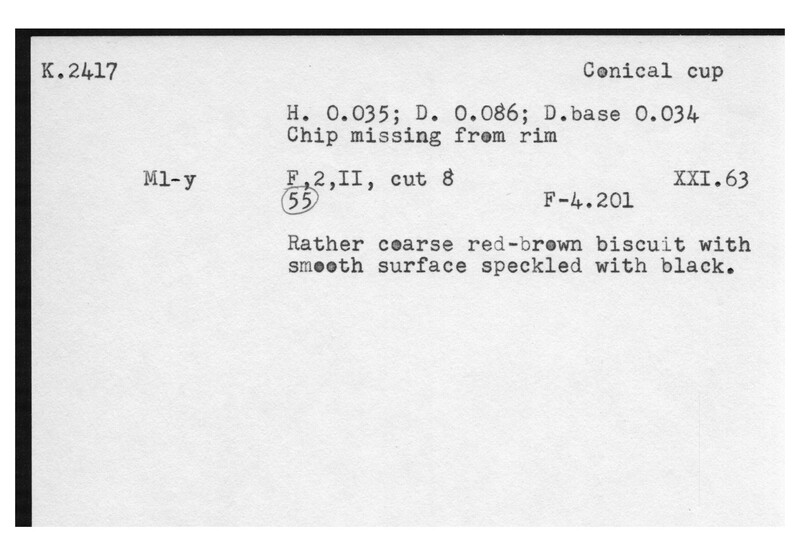 Index card with typed and handwritten information, sometimes including a sketch, of pottery from an excavation.