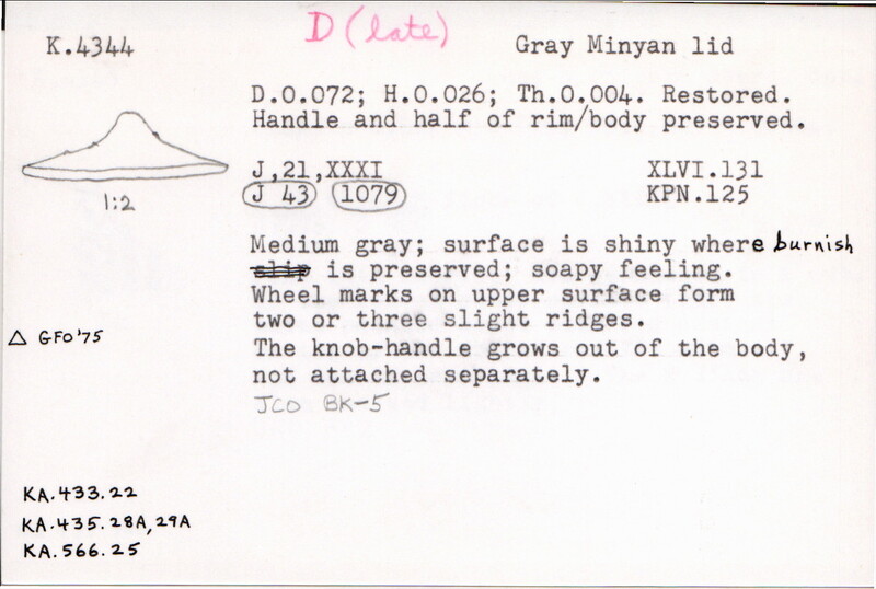 Index card with typed and handwritten information, sometimes including a sketch, of pottery from an excavation.