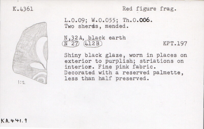 Index card with typed and handwritten information, sometimes including a sketch, of pottery from an excavation.