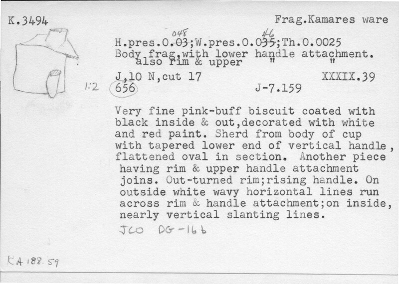 Index card with typed and handwritten information, sometimes including a sketch, of pottery from an excavation.