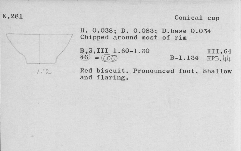Index card with typed and handwritten information, sometimes including a sketch, of pottery from an excavation.
