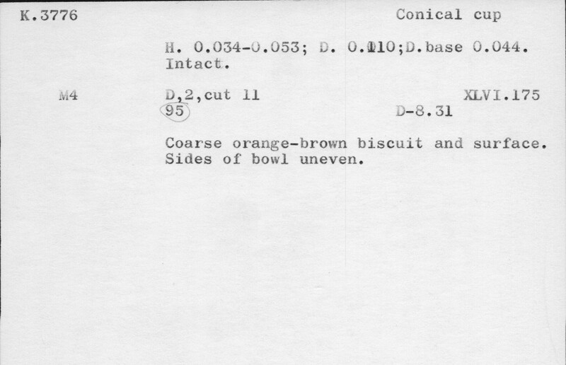 Index card with typed and handwritten information, sometimes including a sketch, of pottery from an excavation.
