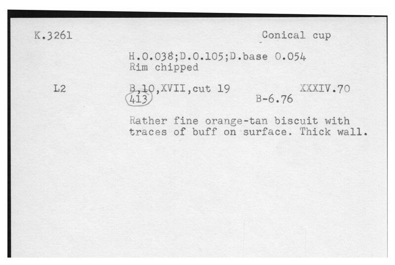 Index card with typed and handwritten information, sometimes including a sketch, of pottery from an excavation.