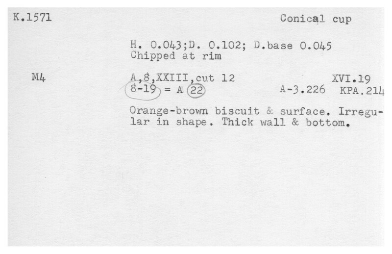 Index card with typed and handwritten information, sometimes including a sketch, of pottery from an excavation.