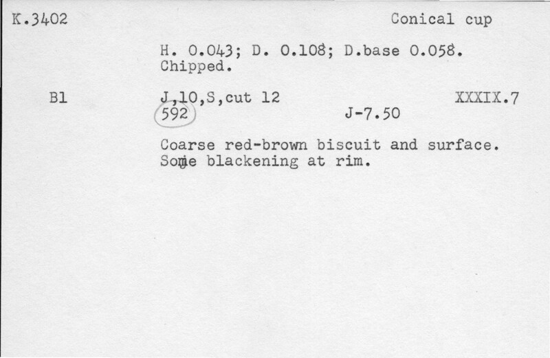 Index card with typed and handwritten information, sometimes including a sketch, of pottery from an excavation.