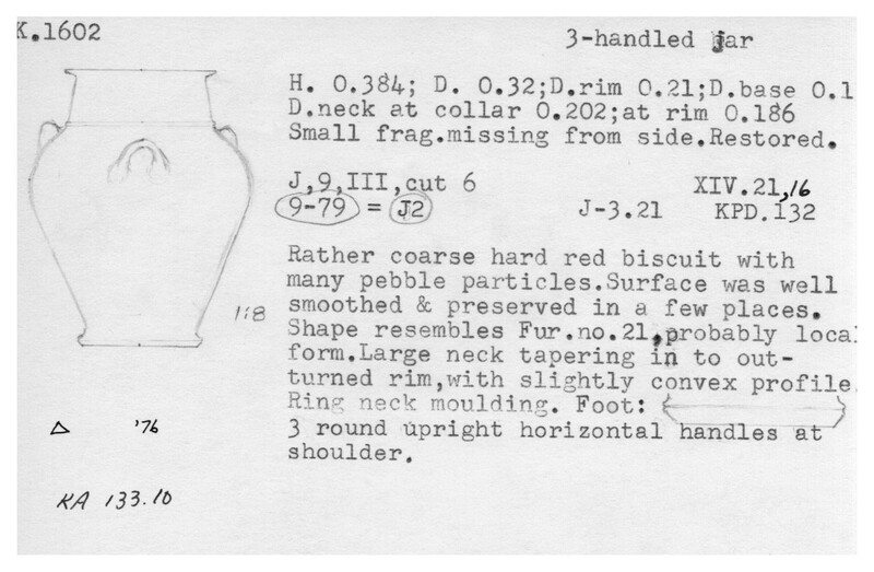 Index card with typed and handwritten information, sometimes including a sketch, of pottery from an excavation.
