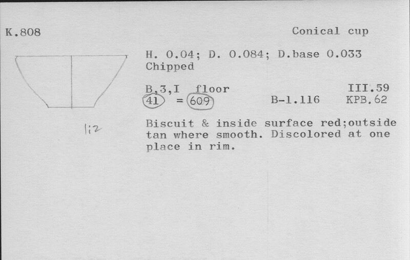 Index card with typed and handwritten information, sometimes including a sketch, of pottery from an excavation.