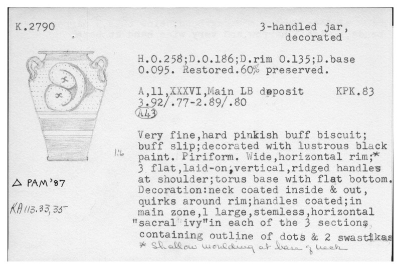 Index card with typed and handwritten information, sometimes including a sketch, of pottery from an excavation.