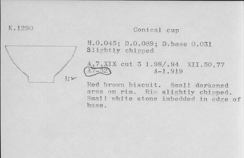 Index card with typed and handwritten information, sometimes including a sketch, of pottery from an excavation.