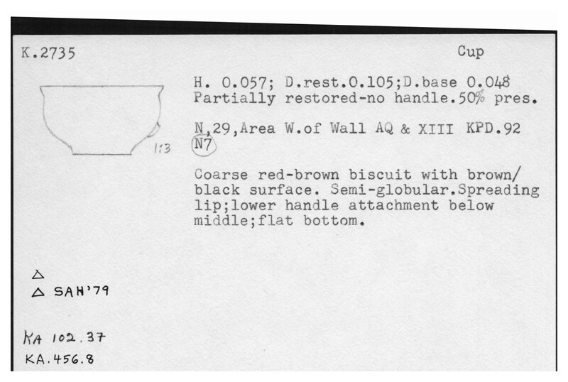 Index card with typed and handwritten information, sometimes including a sketch, of pottery from an excavation.