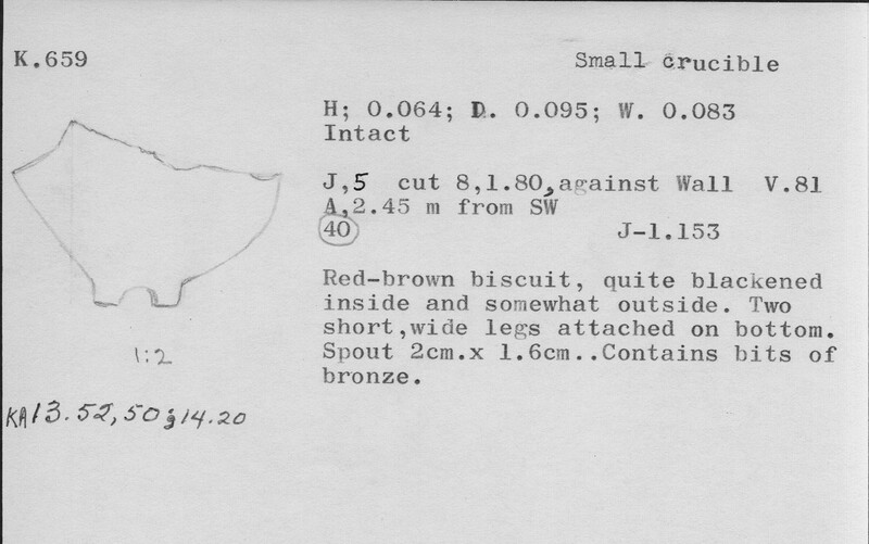 Index card with typed and handwritten information, sometimes including a sketch, of pottery from an excavation.