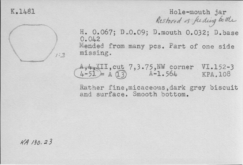 Index card with typed and handwritten information, sometimes including a sketch, of pottery from an excavation.