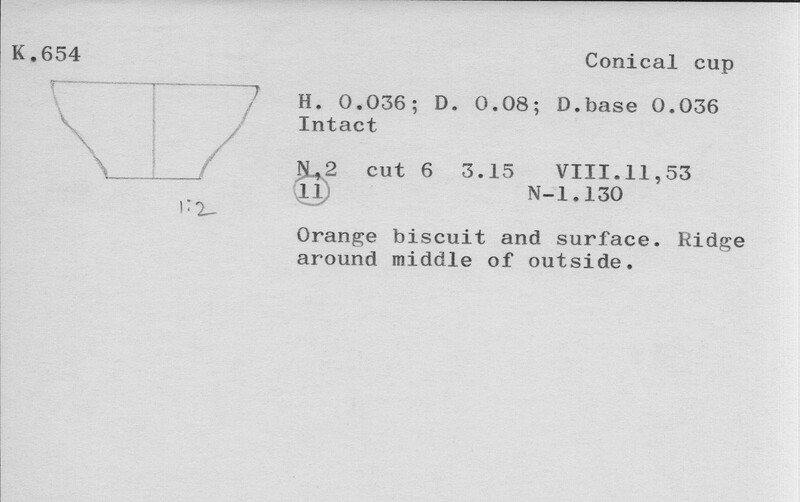 Index card with typed and handwritten information, sometimes including a sketch, of pottery from an excavation.