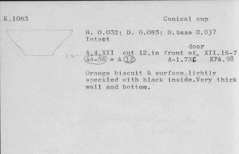 Index card with typed and handwritten information, sometimes including a sketch, of pottery from an excavation.