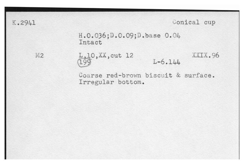 Index card with typed and handwritten information, sometimes including a sketch, of pottery from an excavation.