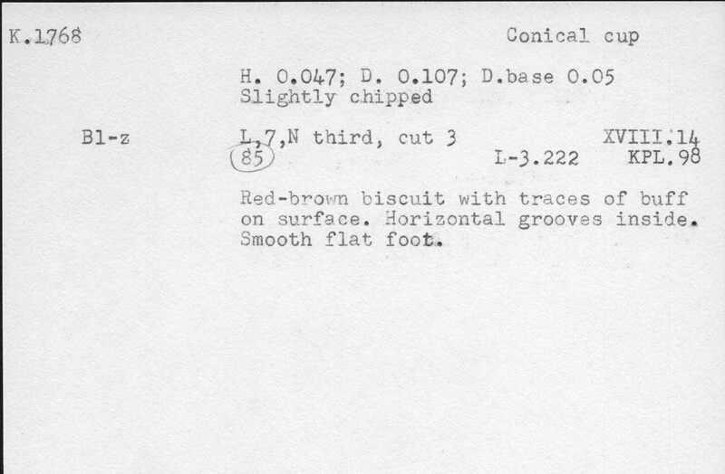 Index card with typed and handwritten information, sometimes including a sketch, of pottery from an excavation.