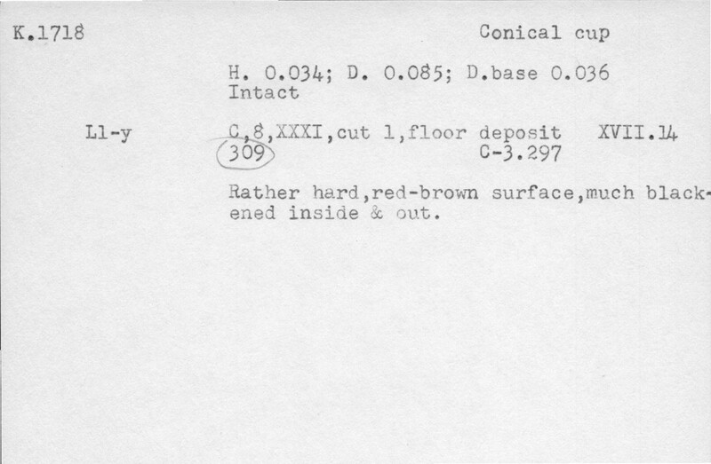 Index card with typed and handwritten information, sometimes including a sketch, of pottery from an excavation.