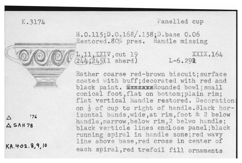 Index card with typed and handwritten information, sometimes including a sketch, of pottery from an excavation.