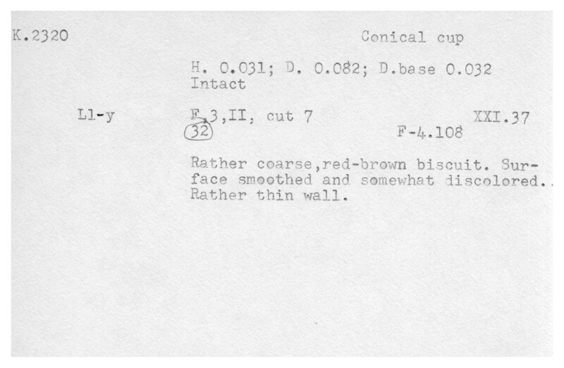 Index card with typed and handwritten information, sometimes including a sketch, of pottery from an excavation.