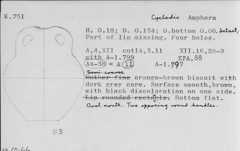 Index card with typed and handwritten information, sometimes including a sketch, of pottery from an excavation.