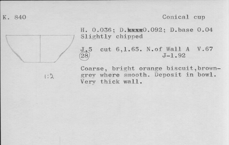 Index card with typed and handwritten information, sometimes including a sketch, of pottery from an excavation.