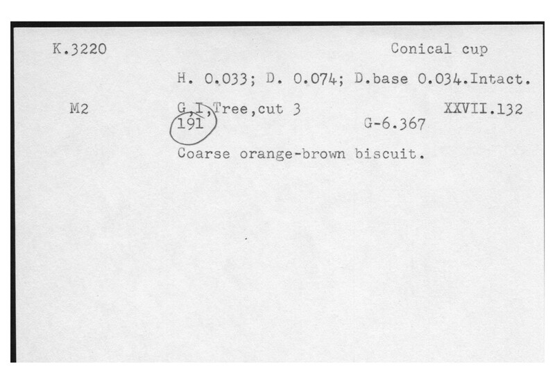Index card with typed and handwritten information, sometimes including a sketch, of pottery from an excavation.