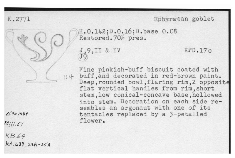 Index card with typed and handwritten information, sometimes including a sketch, of pottery from an excavation.