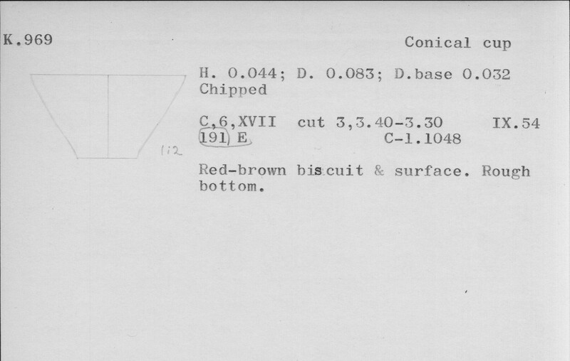 Index card with typed and handwritten information, sometimes including a sketch, of pottery from an excavation.