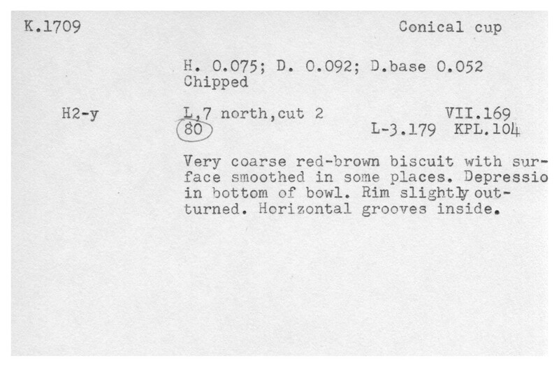 Index card with typed and handwritten information, sometimes including a sketch, of pottery from an excavation.