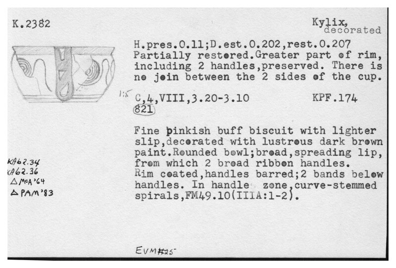 Index card with typed and handwritten information, sometimes including a sketch, of pottery from an excavation.