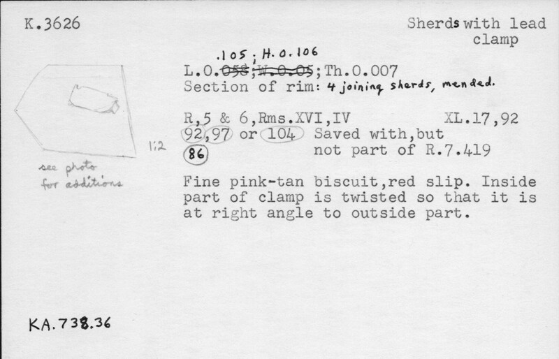 Index card with typed and handwritten information, sometimes including a sketch, of pottery from an excavation.