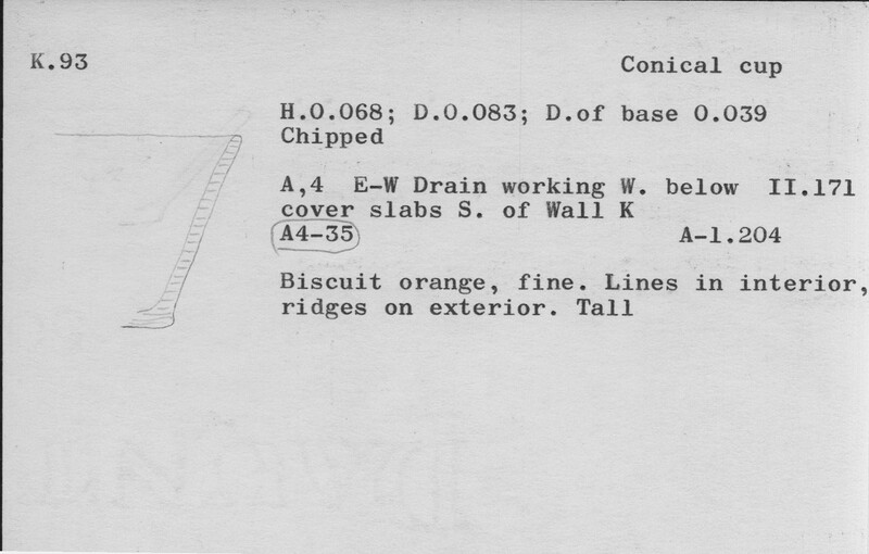 Index card with typed and handwritten information, sometimes including a sketch, of pottery from an excavation.