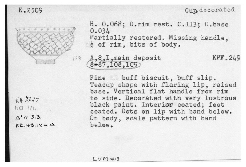Index card with typed and handwritten information, sometimes including a sketch, of pottery from an excavation.