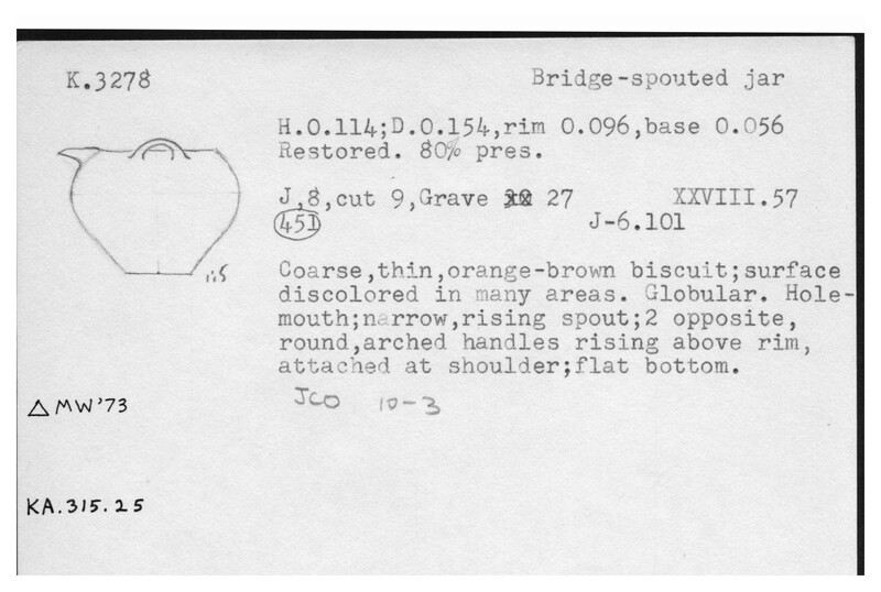 Index card with typed and handwritten information, sometimes including a sketch, of pottery from an excavation.