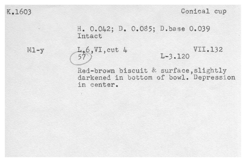 Index card with typed and handwritten information, sometimes including a sketch, of pottery from an excavation.