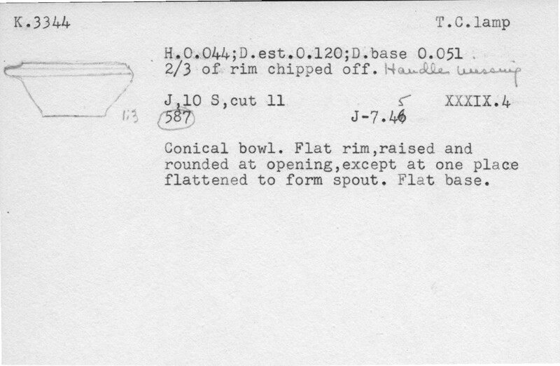Index card with typed and handwritten information, sometimes including a sketch, of pottery from an excavation.