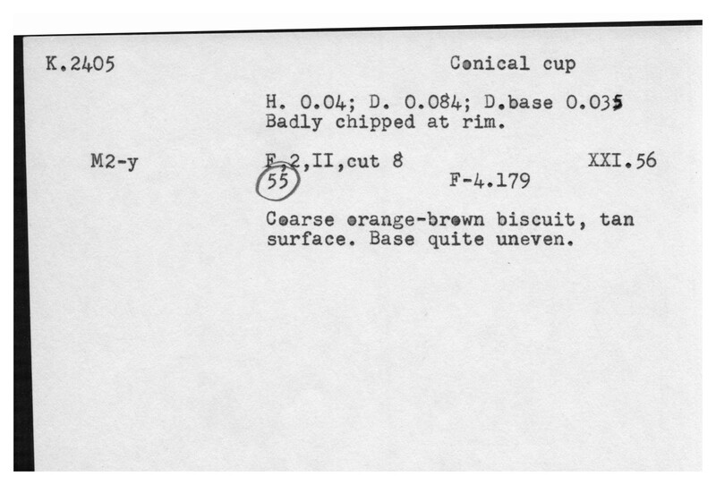 Index card with typed and handwritten information, sometimes including a sketch, of pottery from an excavation.