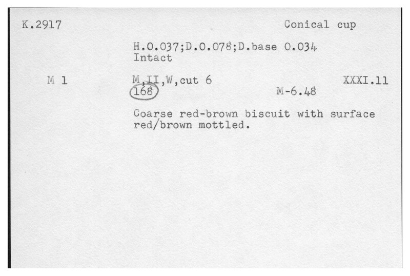 Index card with typed and handwritten information, sometimes including a sketch, of pottery from an excavation.