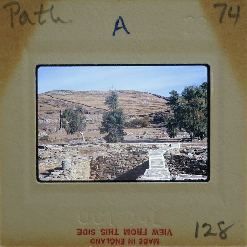 An old photograph of a historical site with ancient ruins and trees, taken from an elevated perspective.
