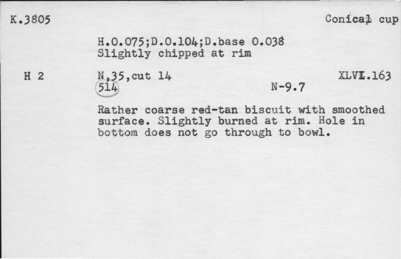 Index card with typed and handwritten information, sometimes including a sketch, of pottery from an excavation.